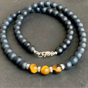 Mens Tiger’s Eye Necklace Black Onyx sterling silver beaded